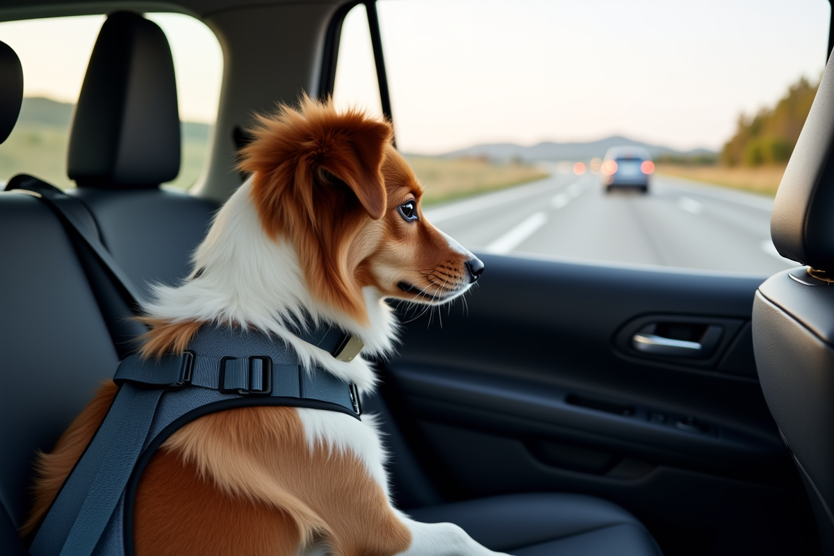 Dog in car with seatbelt harness on road trip
