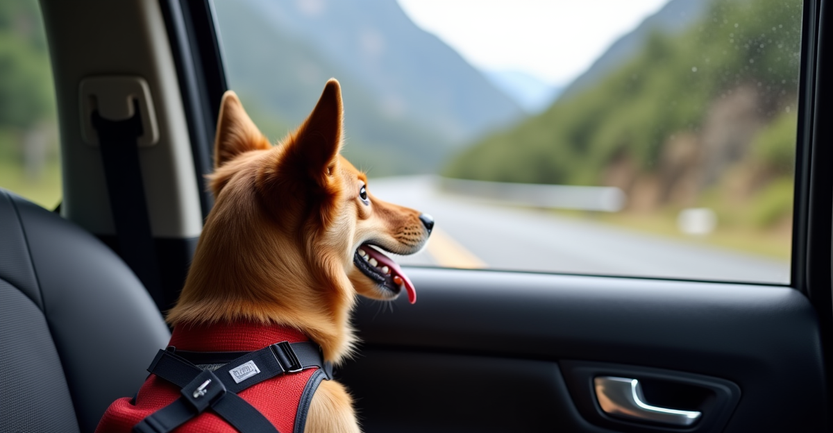 Dog in car back seat wearing travel harness