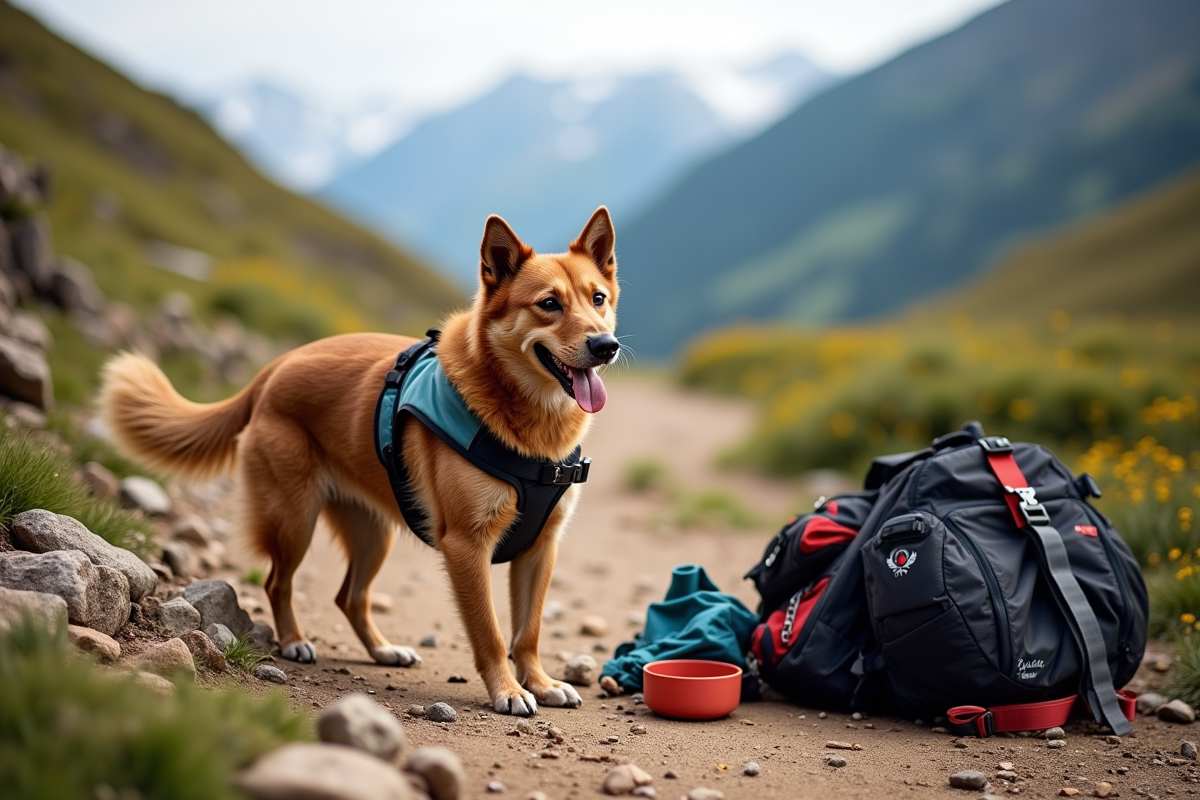 Dog at scenic rest stop with travel gear