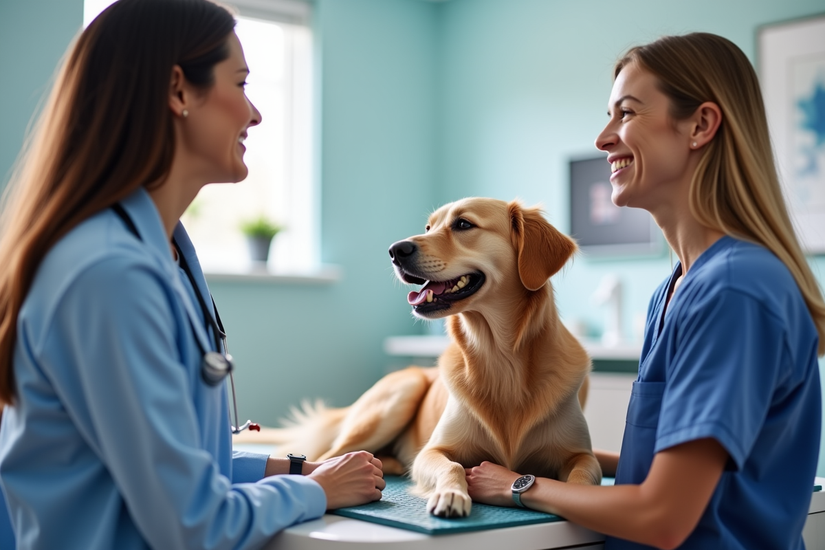 Pet owner and vet discussing treatment in clinic exam room