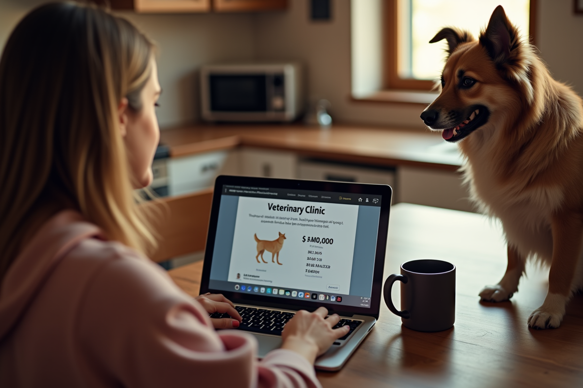 Comparing vet prices online at kitchen table