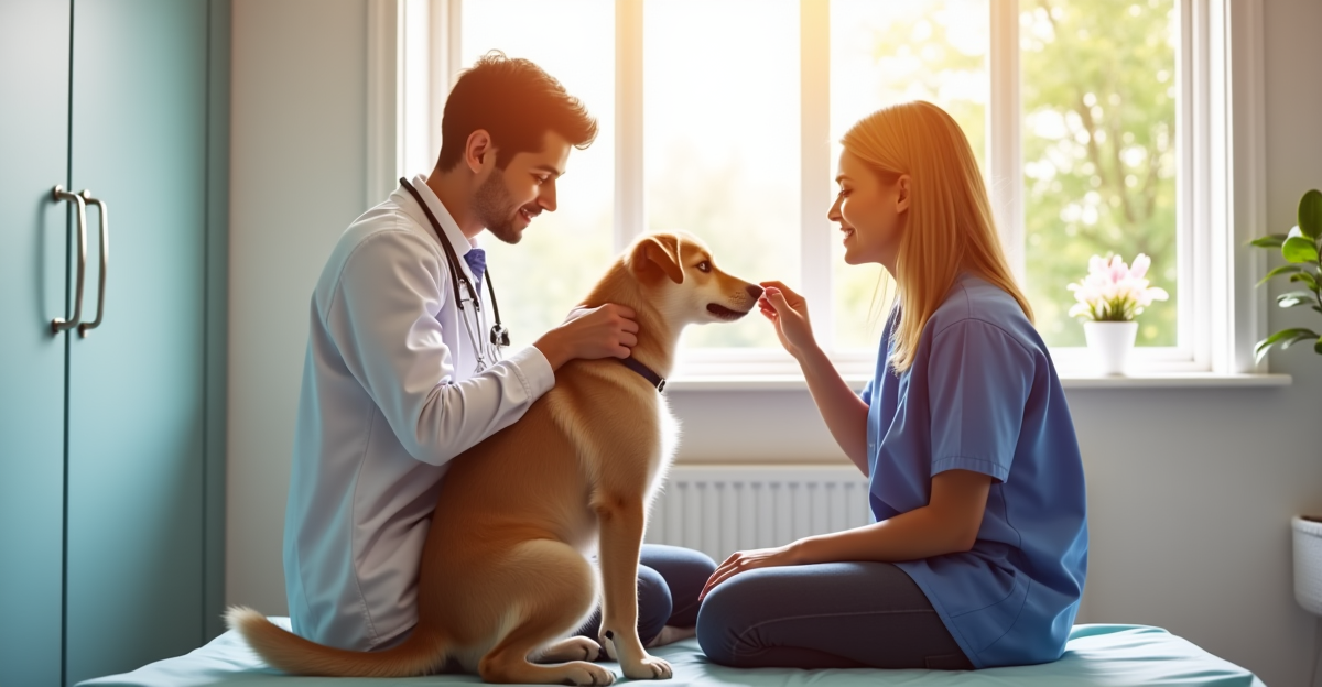 Dog owner with dog at veterinary clinic