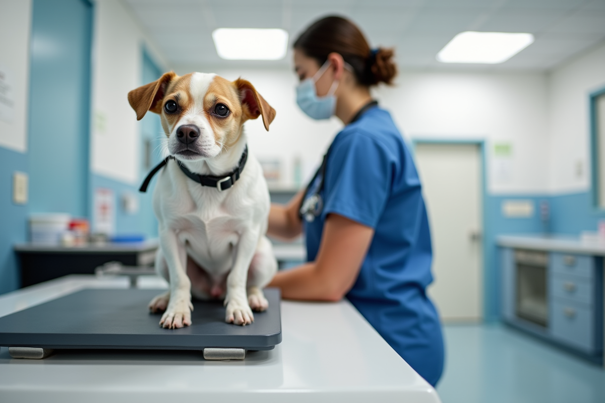 Vet tech weighing dog at low-cost wellness clinic