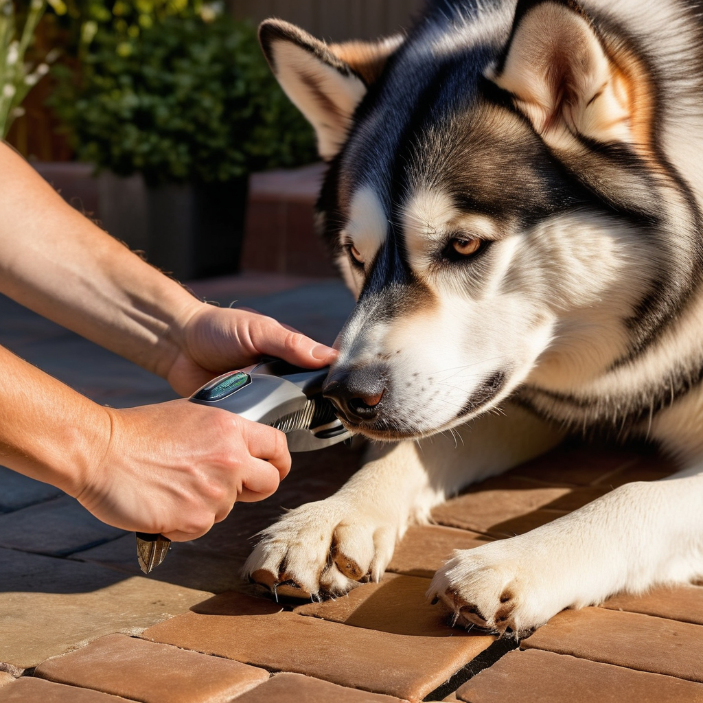 Close-up of deshedding tool removing undercoat from a Husky