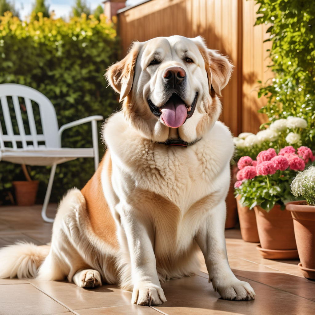 Happy freshly-groomed large dog relaxing on a patio