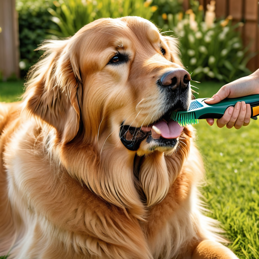 Brushing a Golden Retriever with deshedding tool, loose fur flying