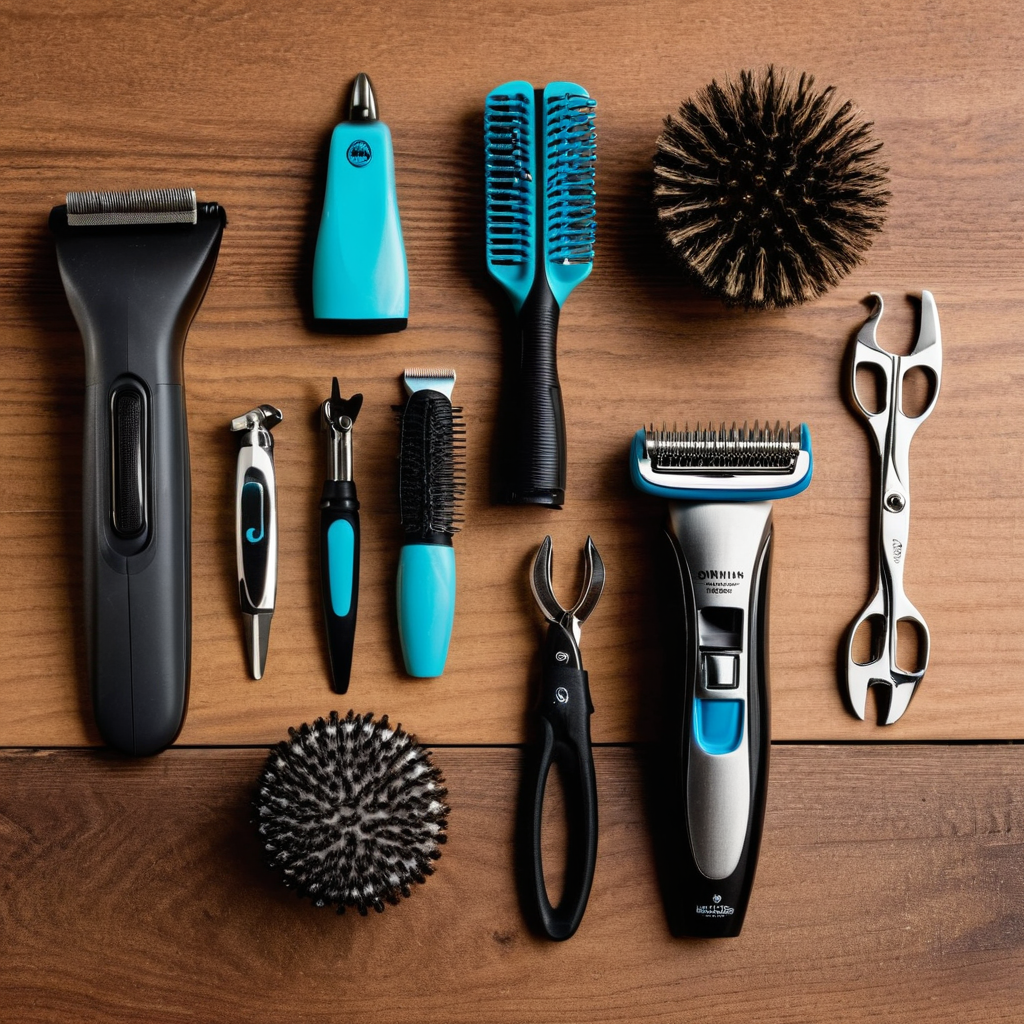 Flat lay of dog grooming tools arranged on a wooden table