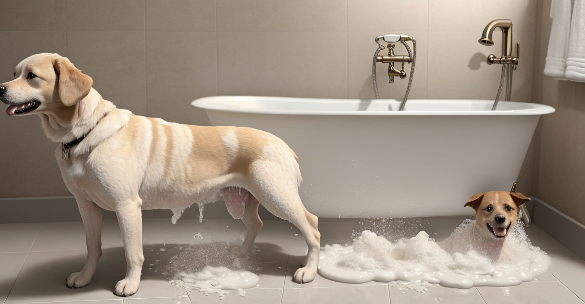 dog being bathed at home with oatmeal shampoo