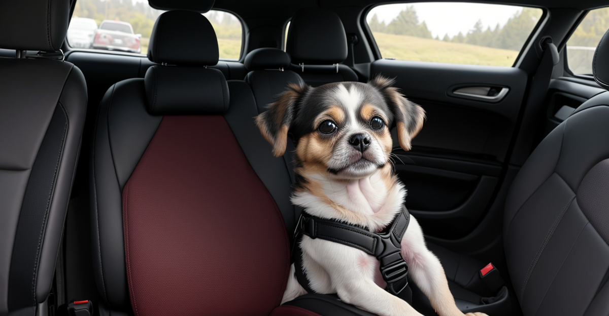 Small dog in car seat with harness tether