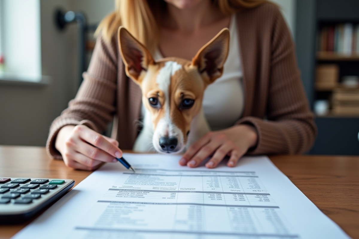 dog owner reviewing unexpected veterinary care documents with calculator and budget spreadsheet