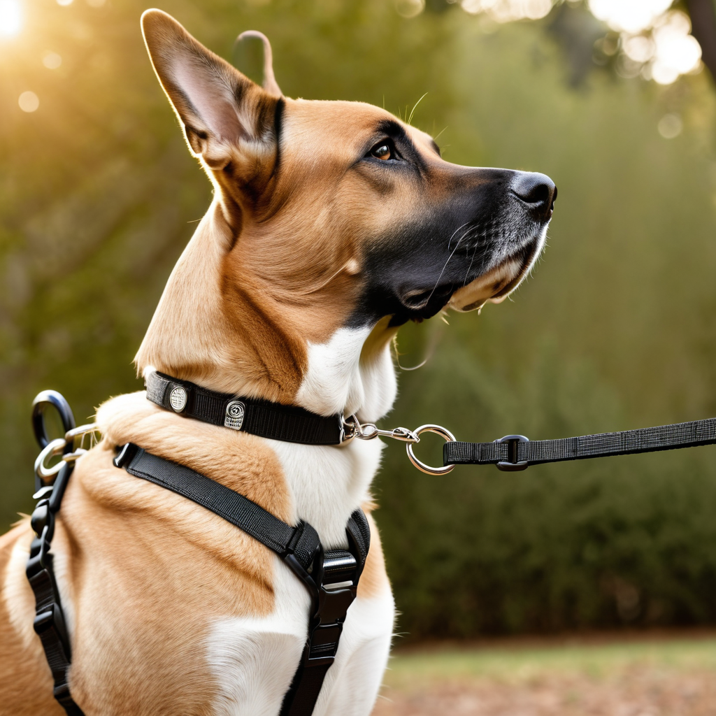 Close-up of dual-clip leash attached to front and back harness rings