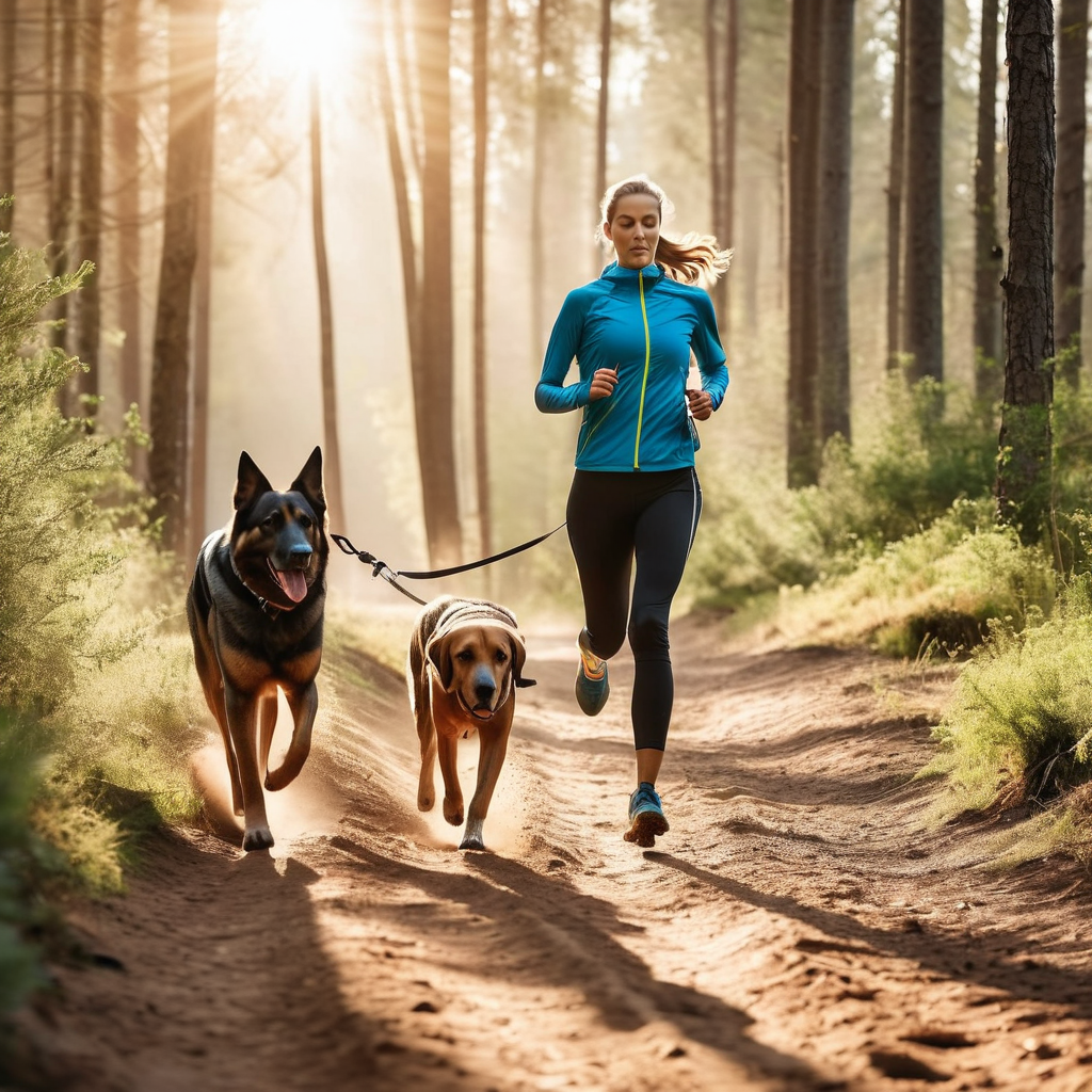 Person jogging with a large dog using a hands-free waist belt leash on a trail