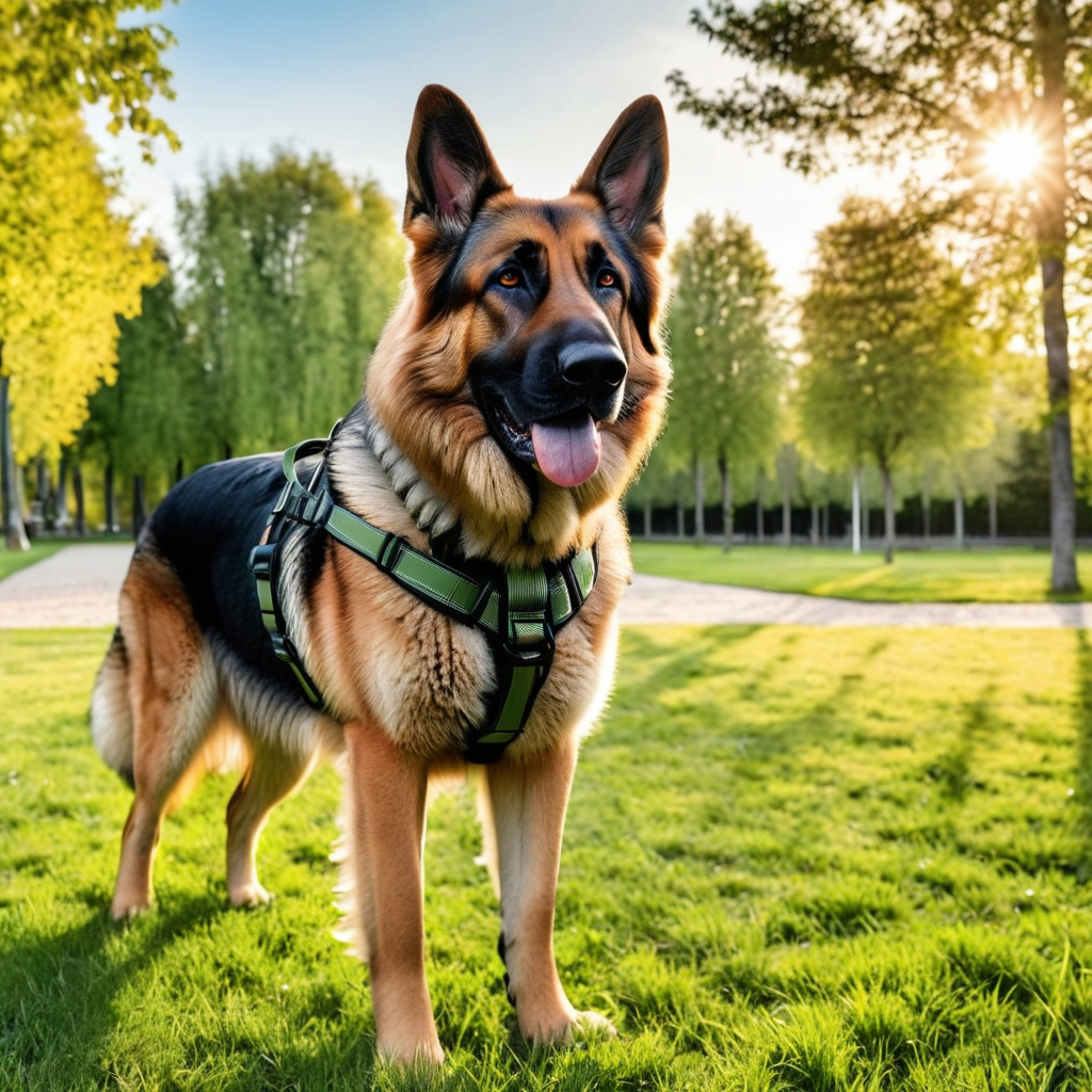 Large dog walking calmly on a no-pull leash setup in a park