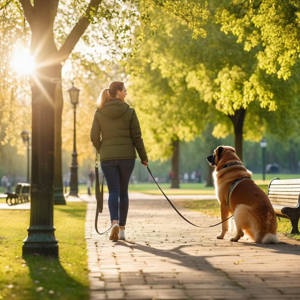 Person training a large dog to walk on a loose leash in a park setting