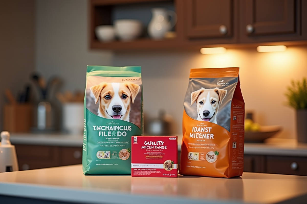 bags of quality mid-range dog food on kitchen counter with heartworm prevention medication