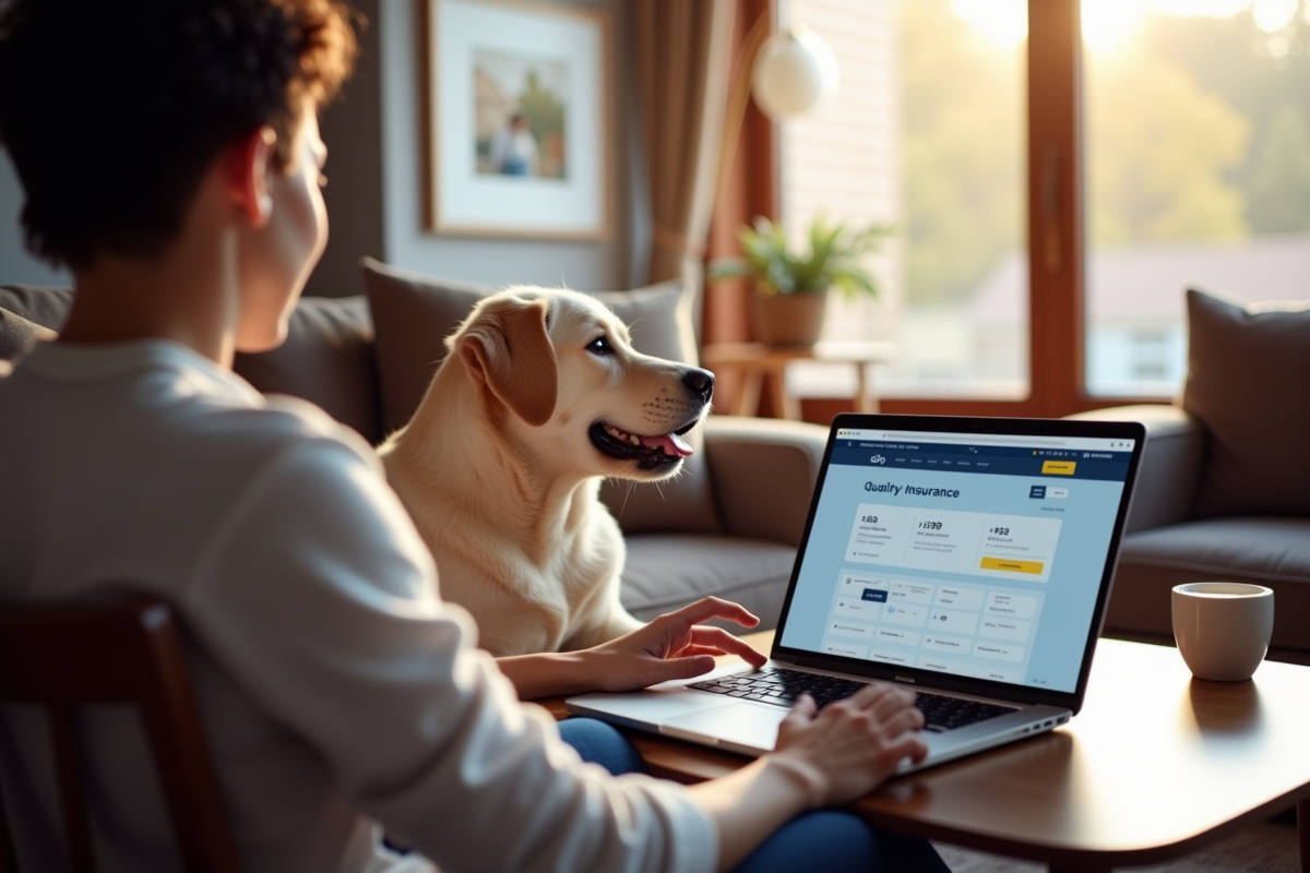 Dog owner sitting on couch with labrador reviewing insurance options on a laptop