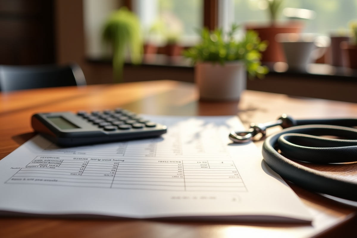 Calculator and vet bills on a kitchen table beside a dog leash and collar