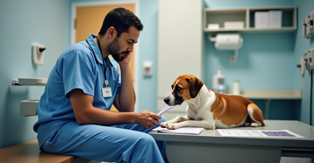 Concerned dog owner reviewing veterinary paperwork with their dog on the exam table