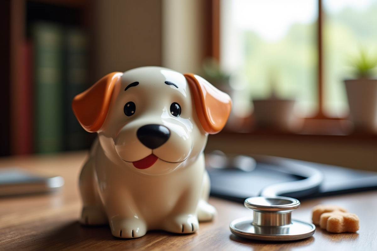 Dog-shaped piggy bank on a wooden desk next to a stethoscope and pet treats