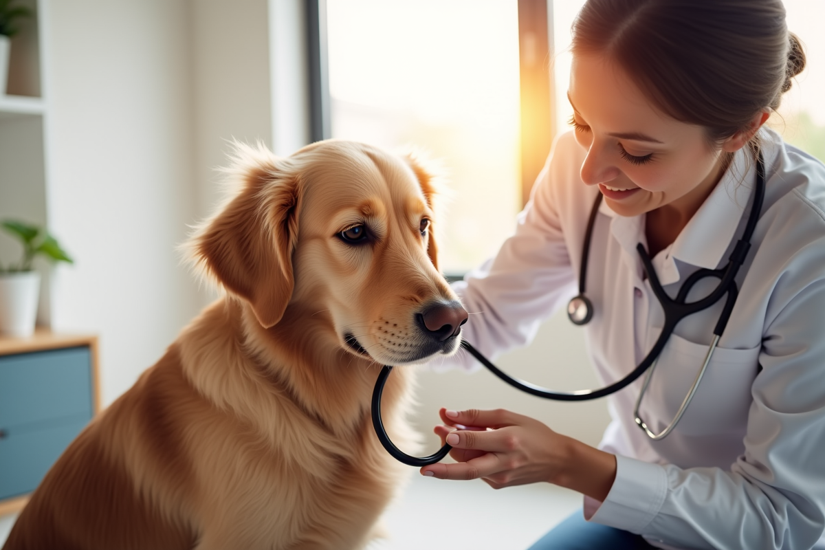 Golden retriever being examined by a caring veterinarian in a bright modern clinic
