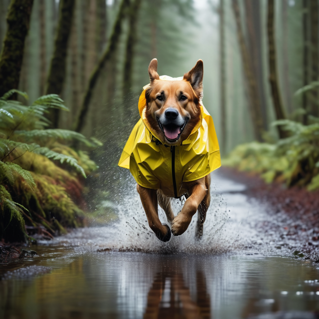 Large dog running in a raincoat on a wet trail with owner