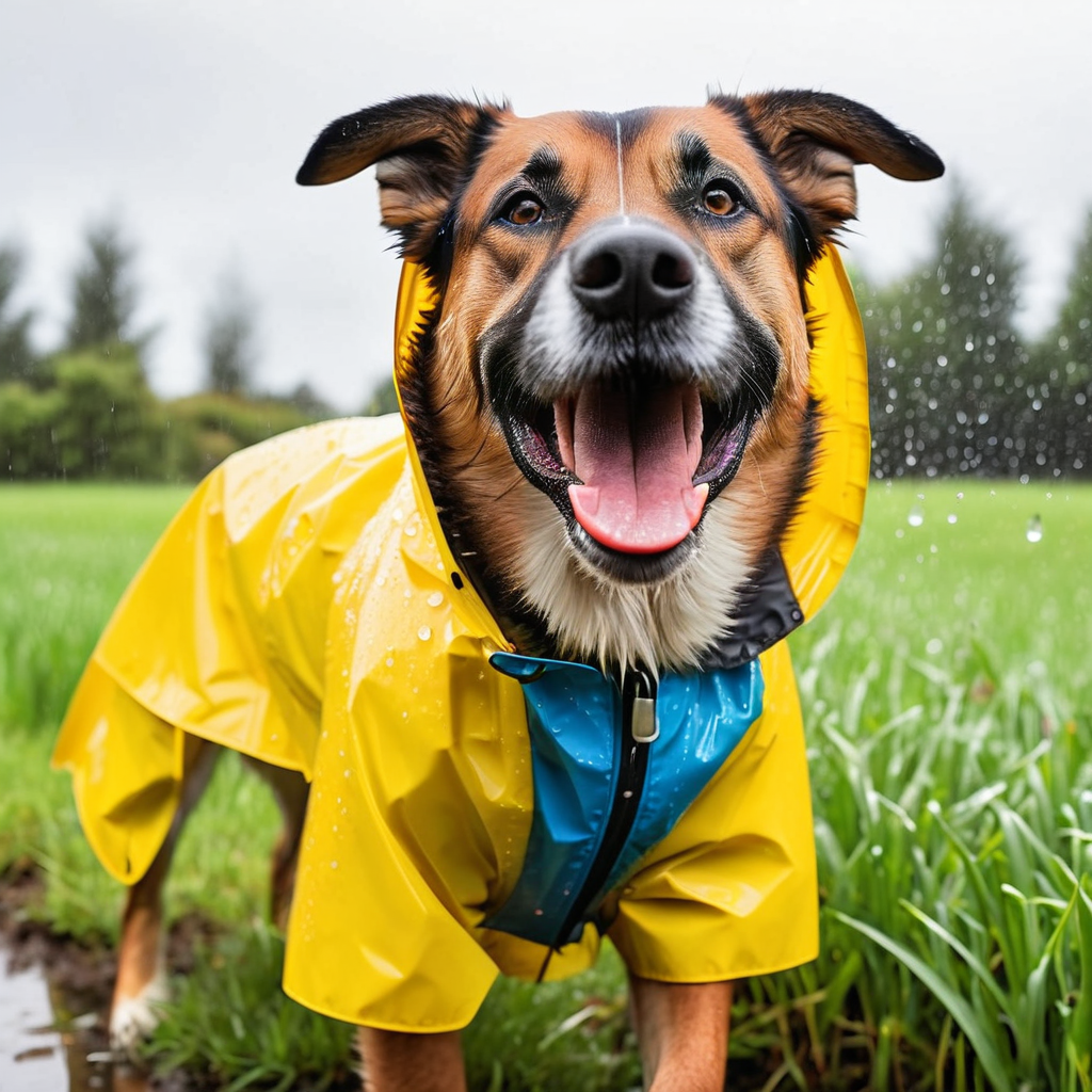 Happy large dog shaking off rain while wearing a colorful waterproof raincoat outdoors