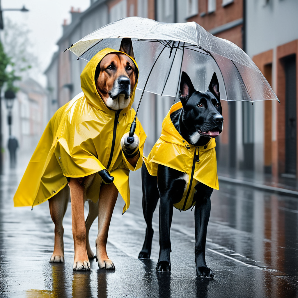 Large dog wearing a waterproof raincoat walking in the rain with owner