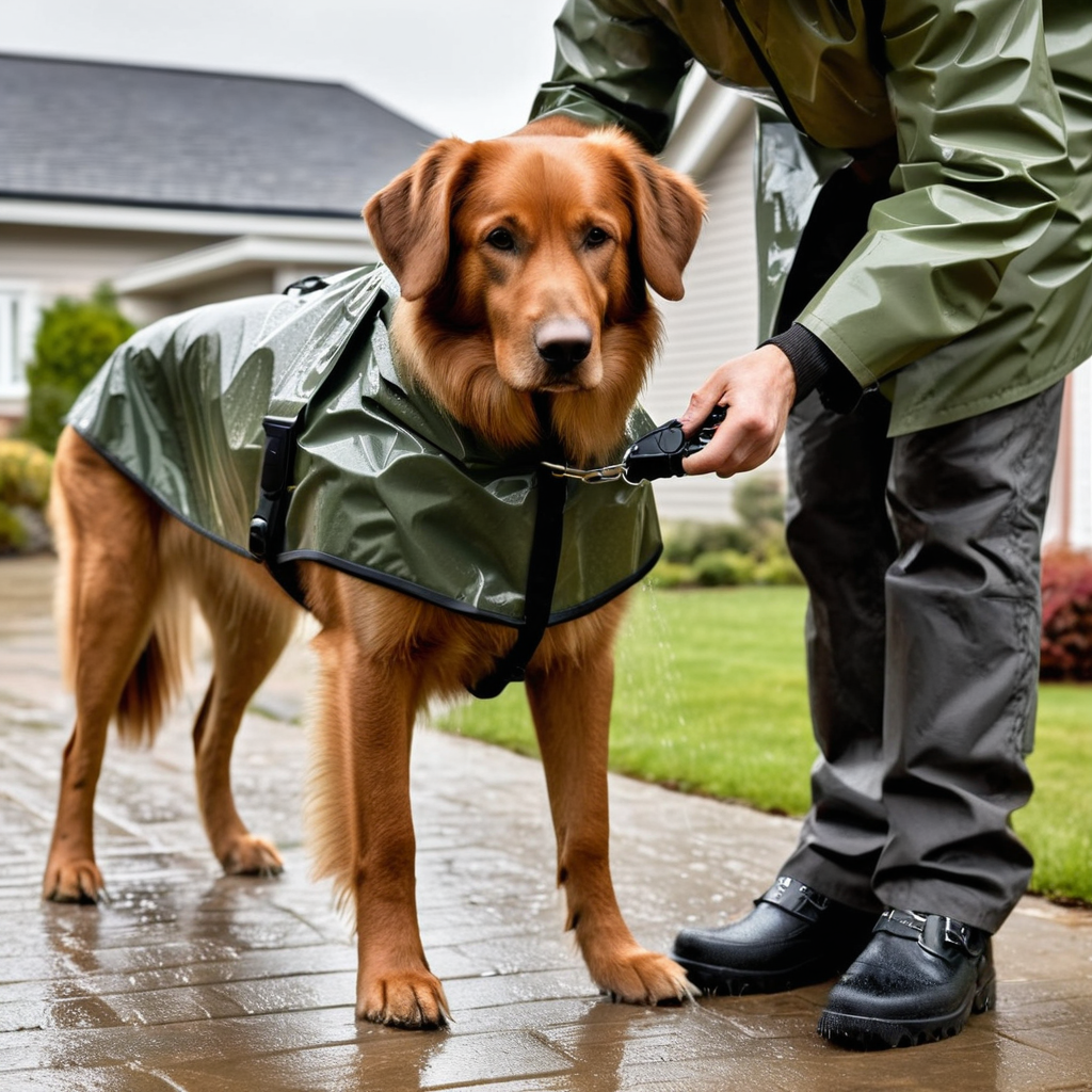 Dog wearing a poncho-style raincoat being quickly clipped on by owner