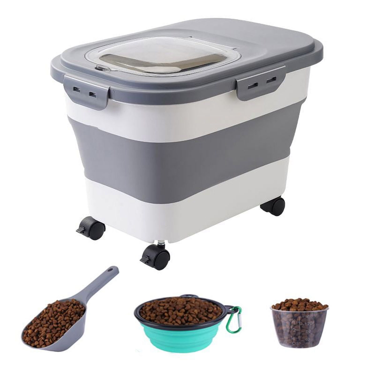 Airtight dog food storage container in kitchen with golden retriever