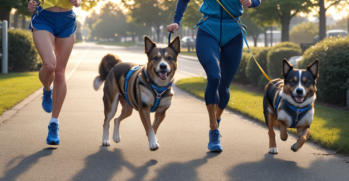 Dog wearing no-pull harness running with owner on suburban path