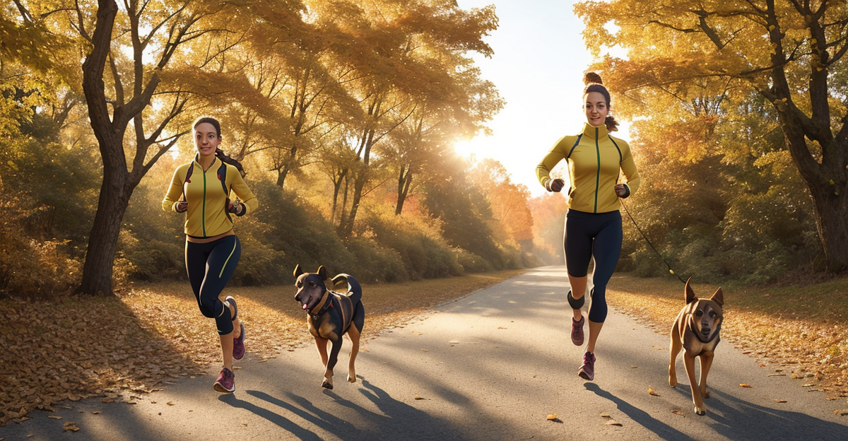 Person running with their dog on a scenic trail using a hands-free leash