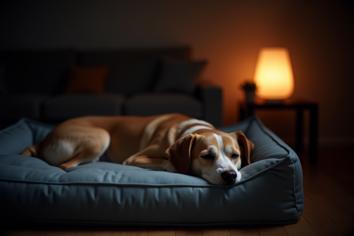 Senior dog resting on a dog bed with a nightlight glowing nearby