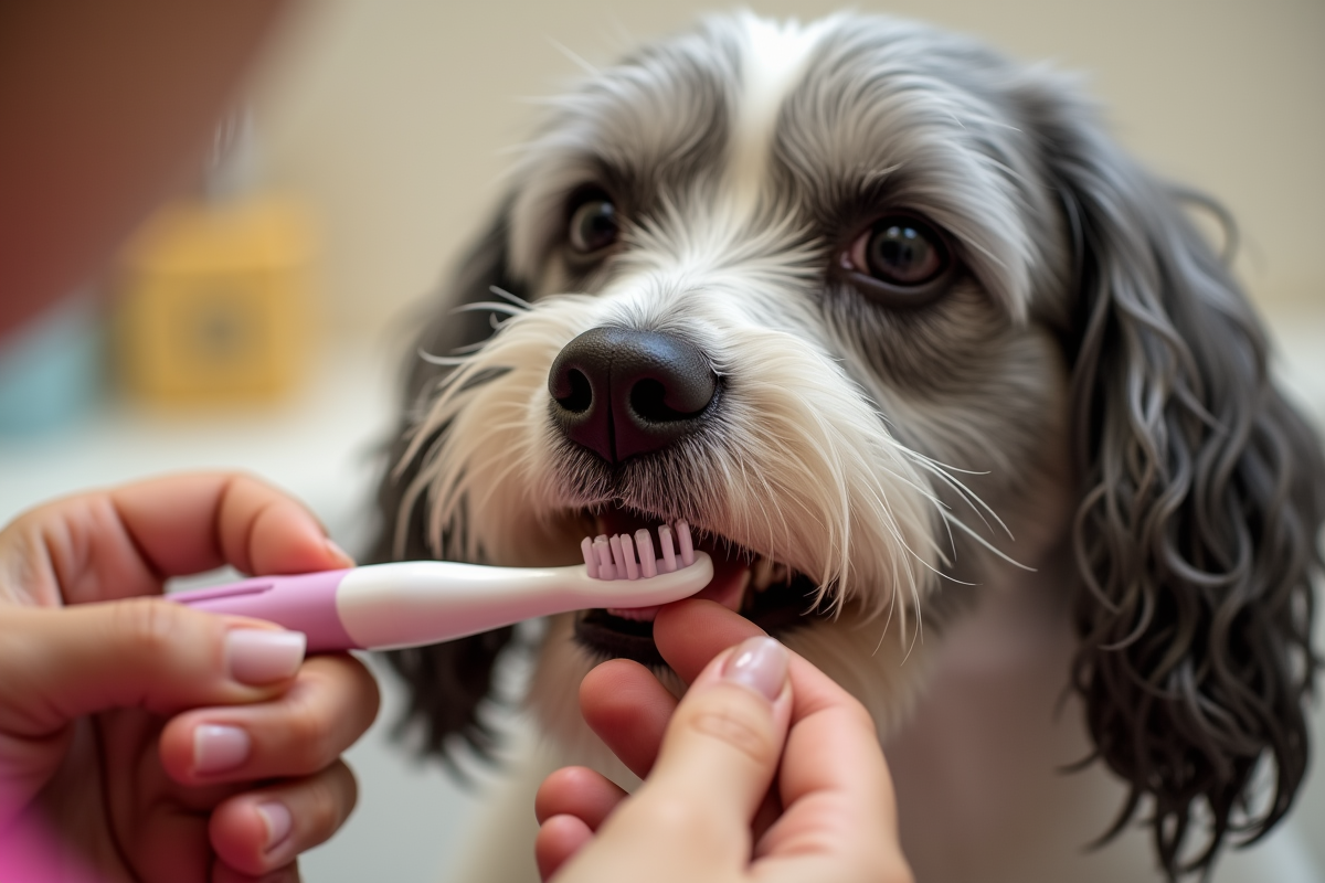 Senior dog getting teeth brushed with enzymatic toothpaste