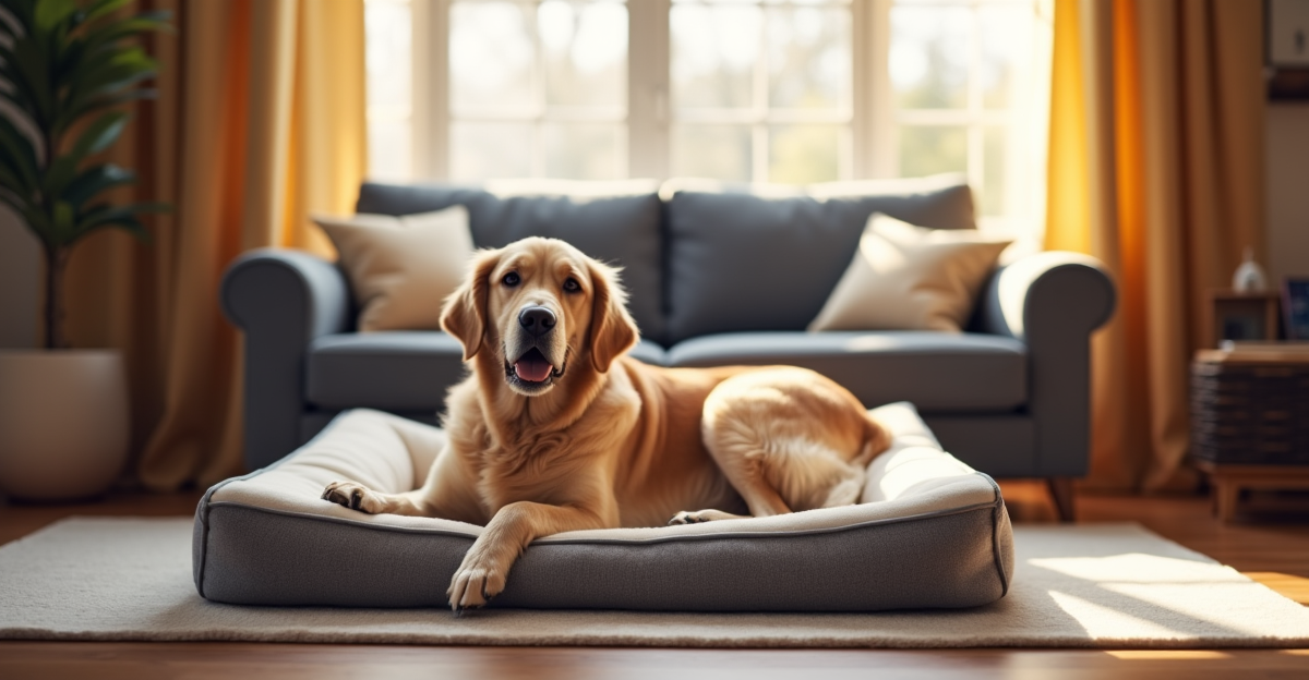 Senior dog resting comfortably on an orthopedic bed in a warm living room