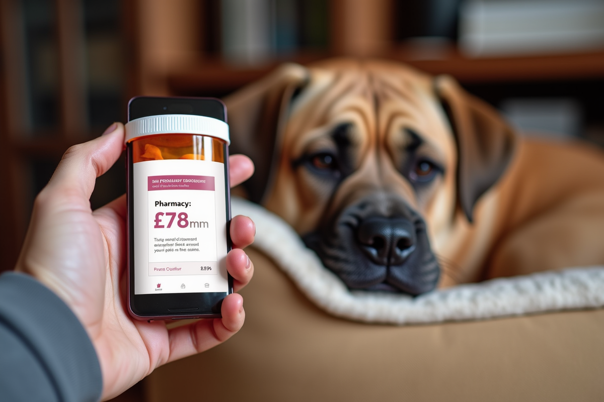 Prescription medication bottle next to a pharmacy discount app with a senior dog resting nearby