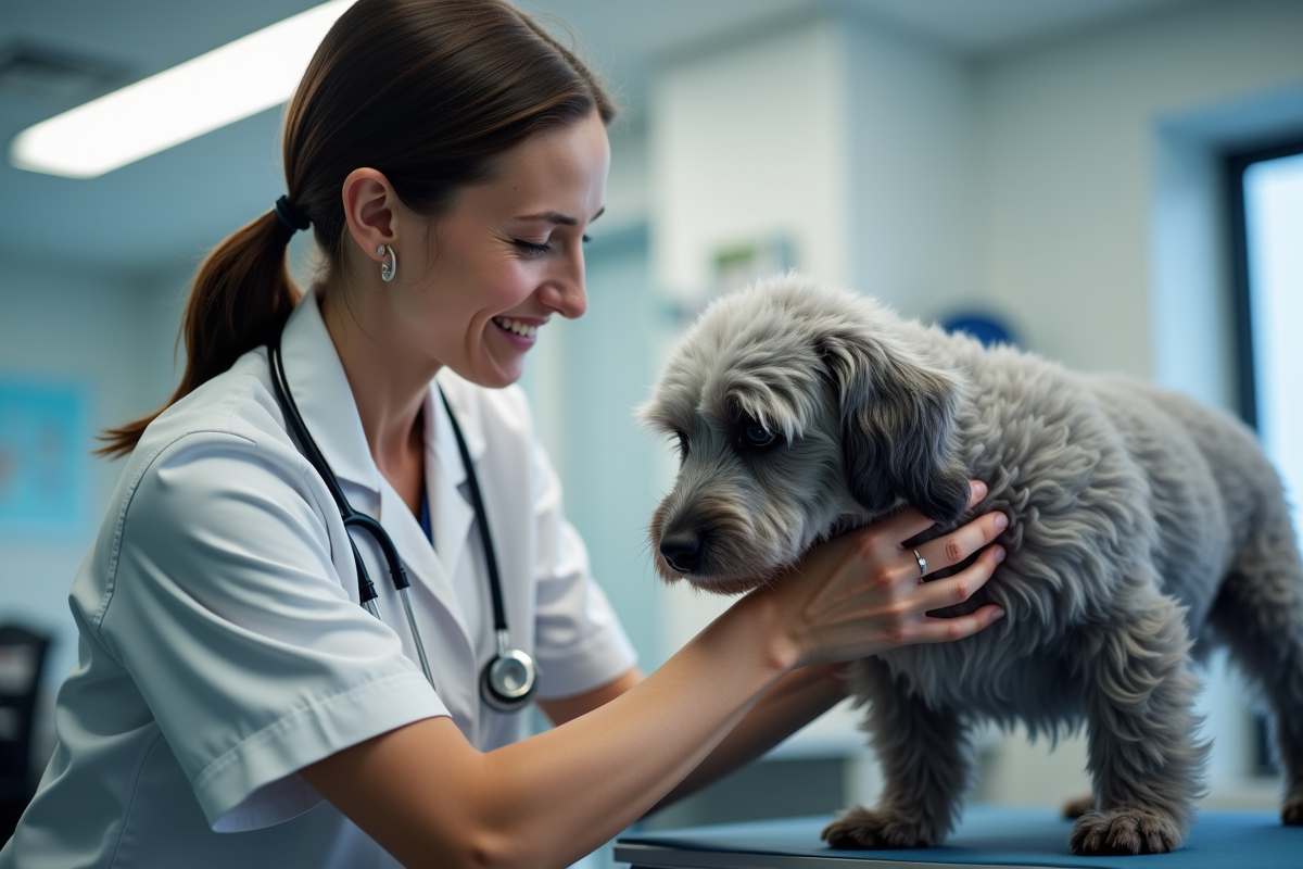 Veterinarian examining a senior dog on an exam table