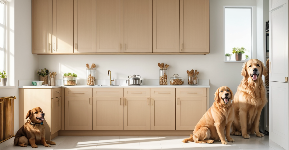 Airtight dog food storage container in kitchen with golden retriever