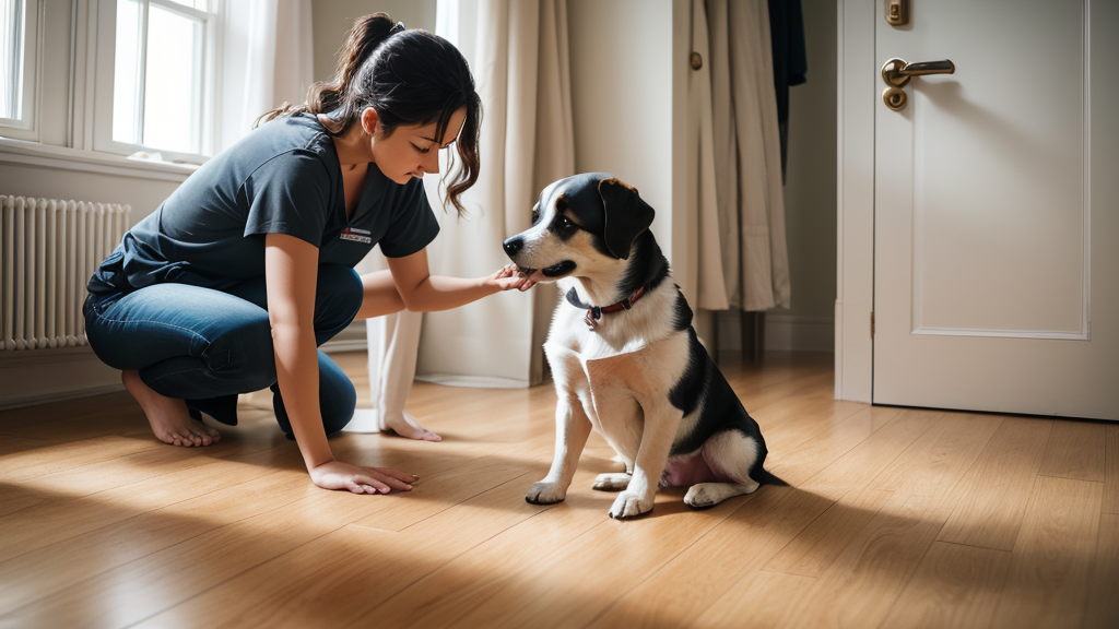 Dog being examined for injury by owner