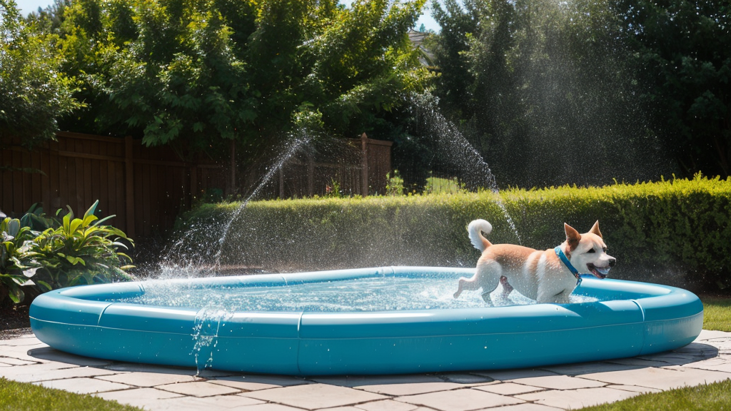 Dog cooling off in kiddie pool with misting system