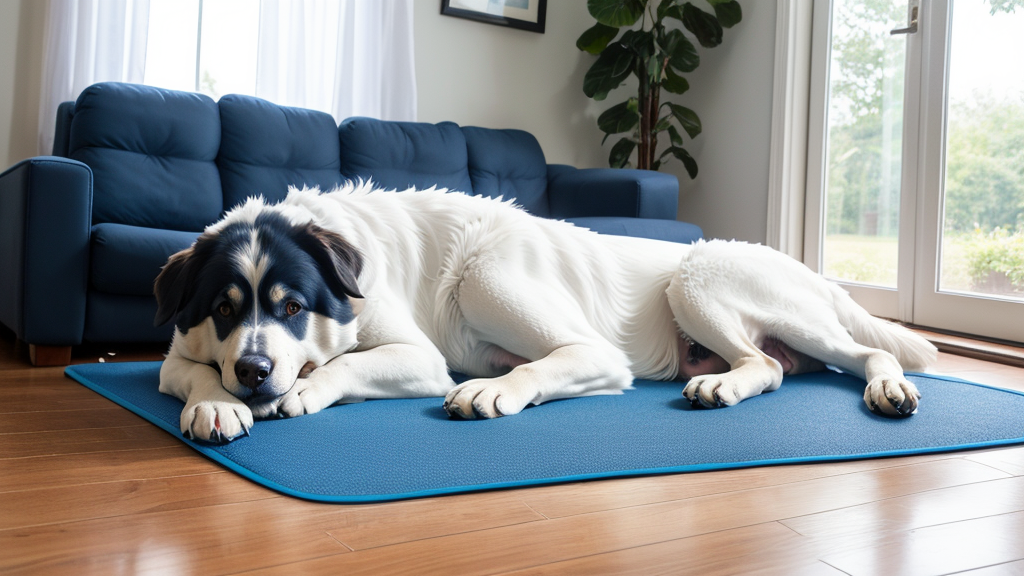 Dog relaxing on cooling mat