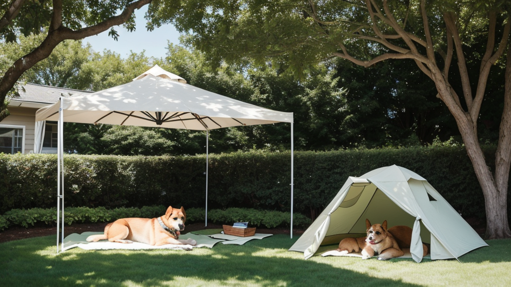 Dog relaxing under shade canopy