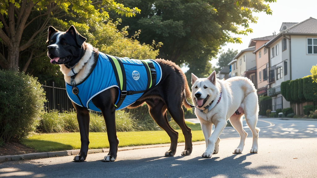 Dog wearing cooling vest on walk