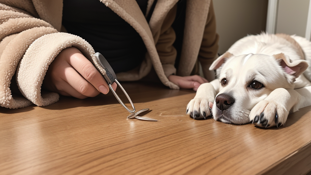 Checking dog for ticks with tweezers