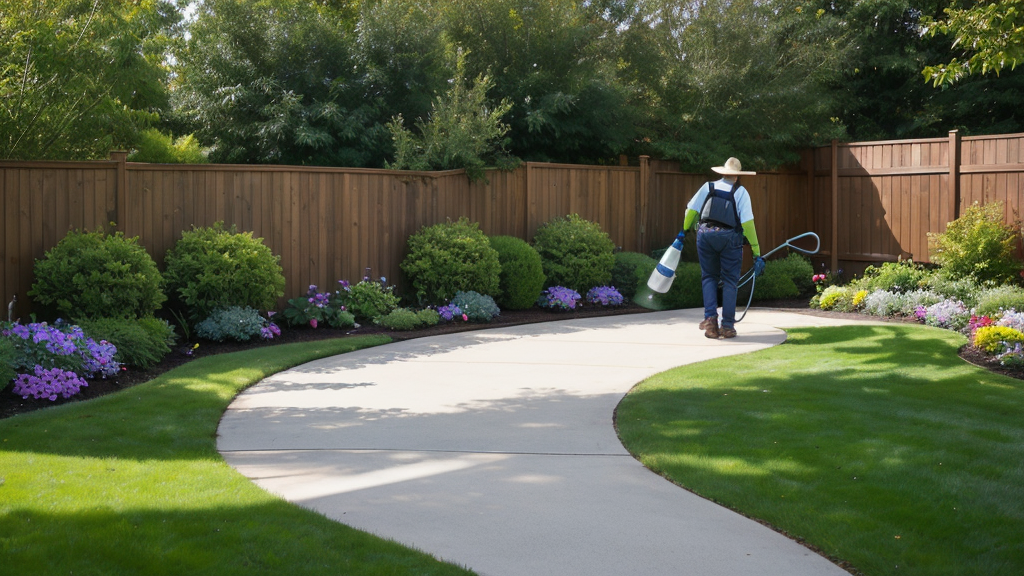 Applying yard spray around fence line