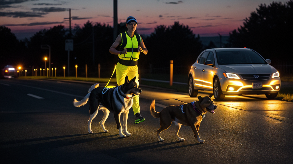 Dog wearing reflective running vest at dusk