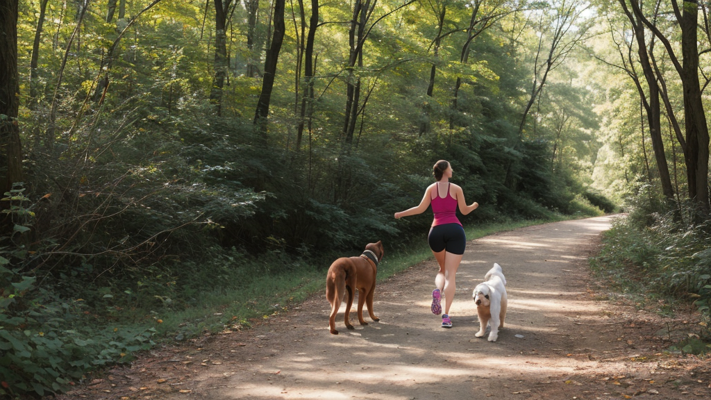 Pre-run stretching with dog on trail