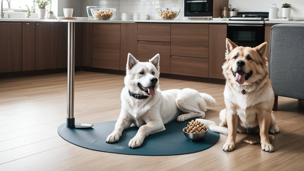 Large dog eating from elevated stainless steel bowl