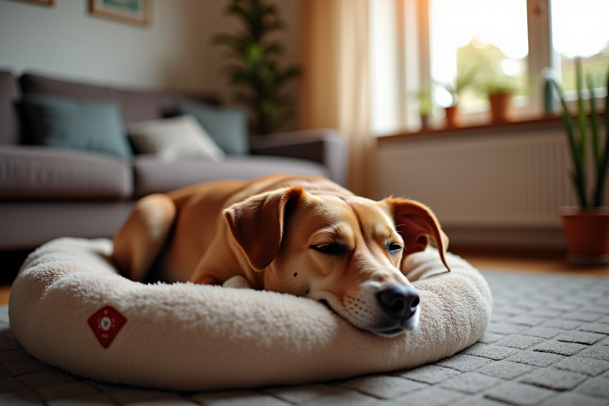 Relaxed dog sleeping on a dog bed in a cozy living room