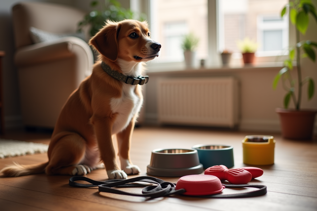 Basic pet supplies for a newly adopted dog