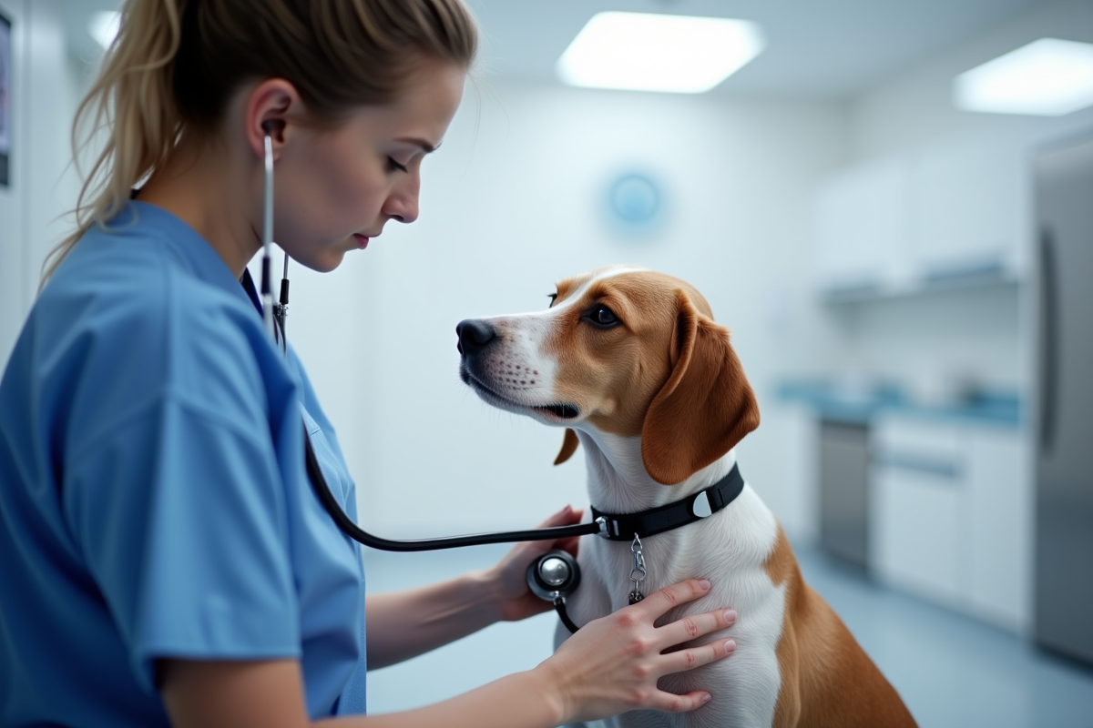 Veterinarian examining a dog in a clinic